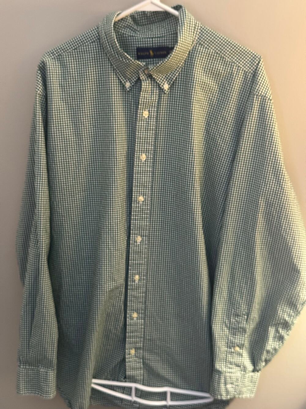 Ralph Lauren Button Down Shirt Mens 2XB Green White Gingham Check Big Button